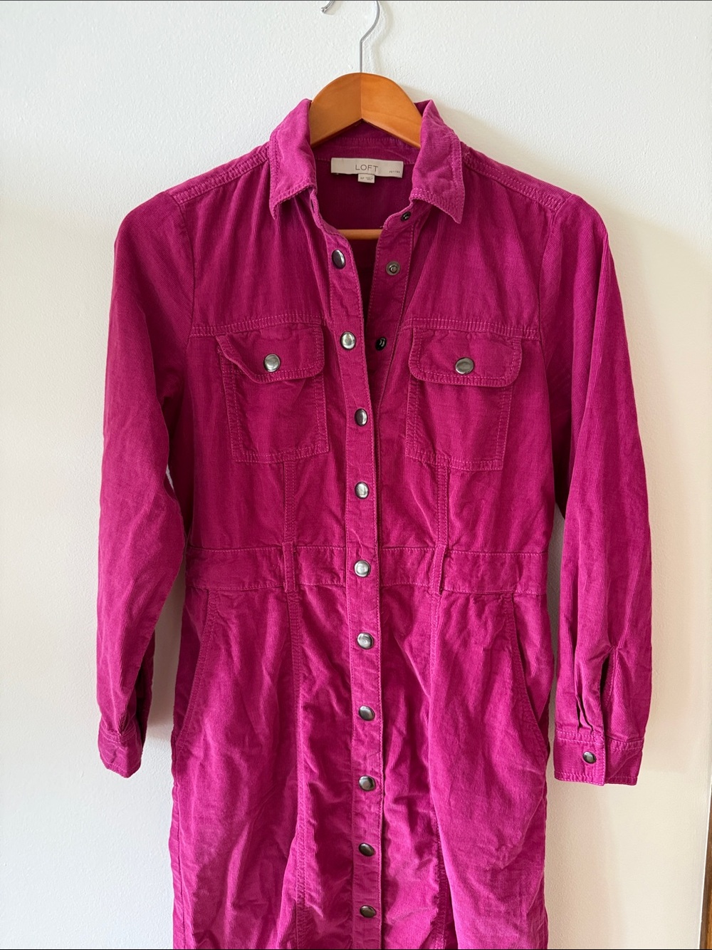 LOFT Magenta Snap-Front Corduroy Long Sleeve Shirt Dress